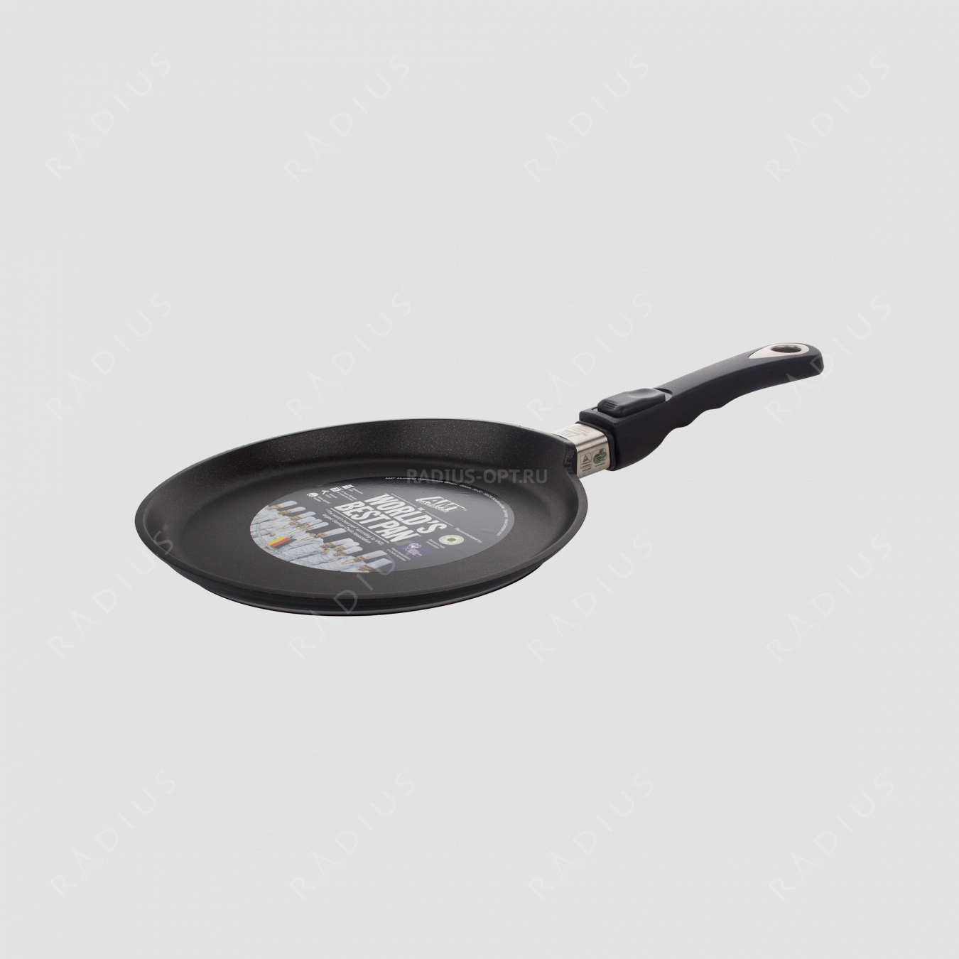 Алюминиевая сковорода блинная с антипригарным покрытием, диаметр 24 см, высота 1 см, съемная ручка, литой алюминий, толщина дна 10 мм, серия Frying Pans, AMT, Германия