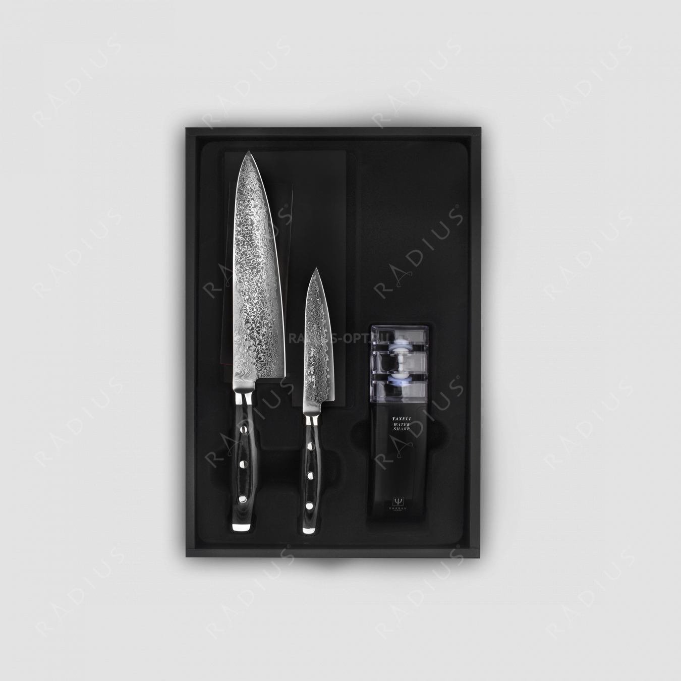 Набор из 2-х кухонных ножей с точилкой, дамасская сталь, серия GOU, YAXELL, Япония